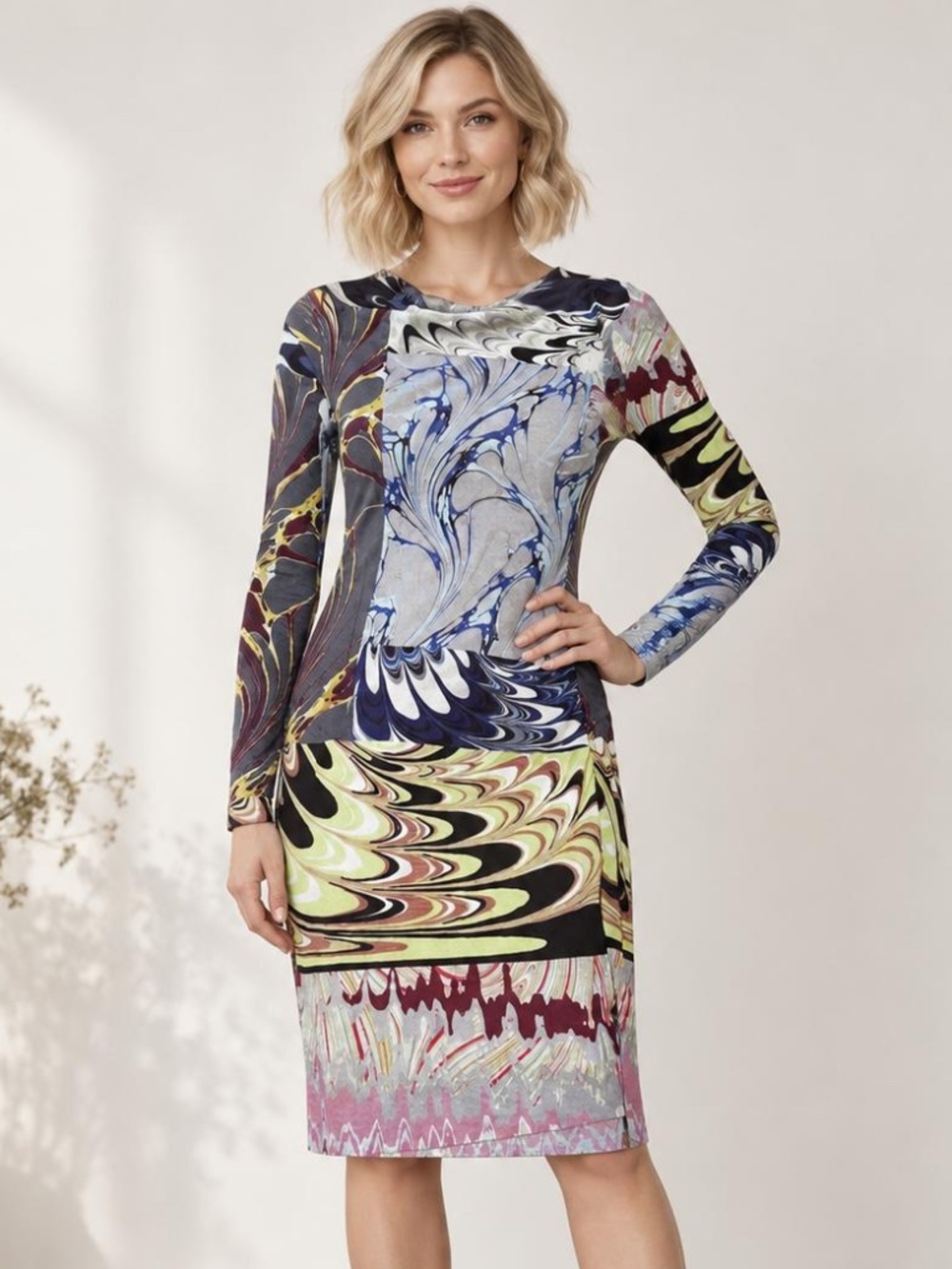 Petit Pois | Abstract Nylon Long Sleeve Form Fitting Dress | Size Medium